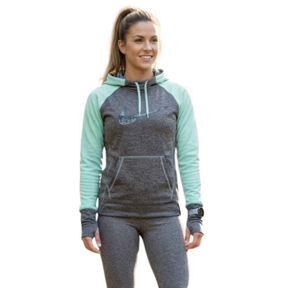 Nike Therma-Fit Hoodie Womens L Gray Mint Fleece Pullover Thumbholes Sweatshirt
